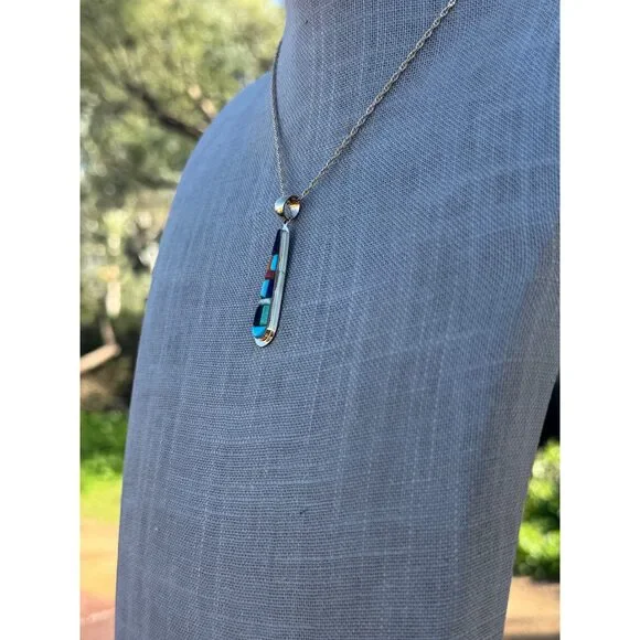 Handmade Gold Filled Over Sterling Silver & Multi Stone Inlay Pendant Necklace